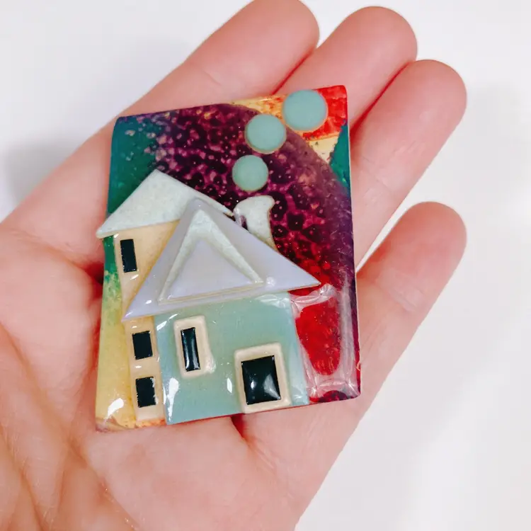 Vintage 1990s House Brooch Art Jewelry Whimsical Mixed Media Lucinda, Resin Pin