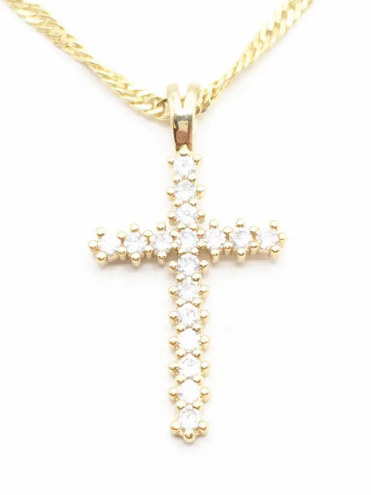 Gold Plated Cross Pendant with Rhinestones Chain Necklace