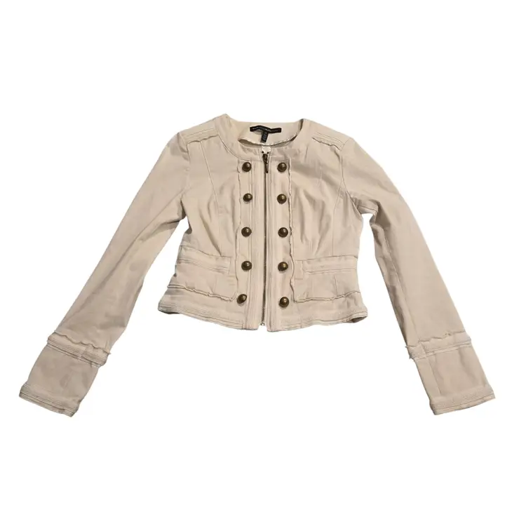 White House Black Market Jacket Cream Crop Military Brass Button Moto Size 0