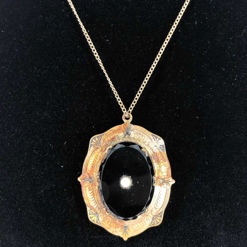 Vintage 1/20 12KT Gold Fill Black Stone w/ Pearl Photo or Hair Memorial Necklace