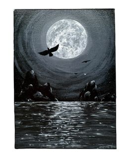 Original Painting Signed by Jasmine Star Black White Ocean Moon Bird OOAK 4x5.5”
