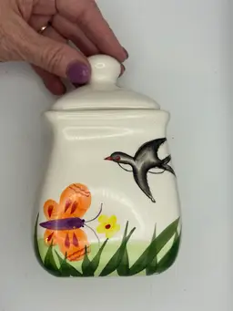 Bright Colored Hand-painted Jar W/Lid - Butterfly/Bird Motif 6”