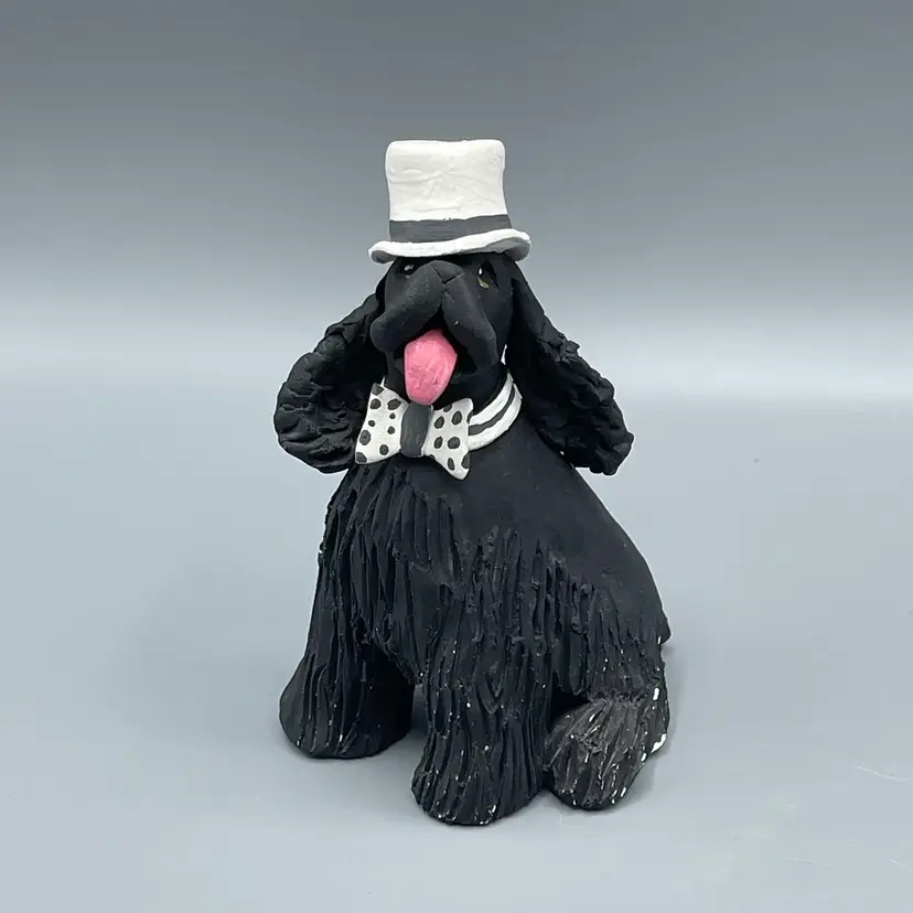 Art Pottery Black Spaniel Figurine Wearing A Hat Signed