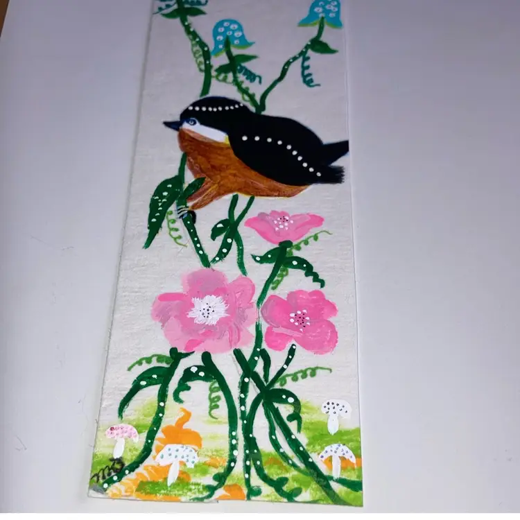 Signed by Artist! Bird, Florals And Mushrooms! Hand Painted Miniature Artwork 2 1/2" wide by 6” tall! Includes a mini wooden art easel for display! UV Reactive Flowers!