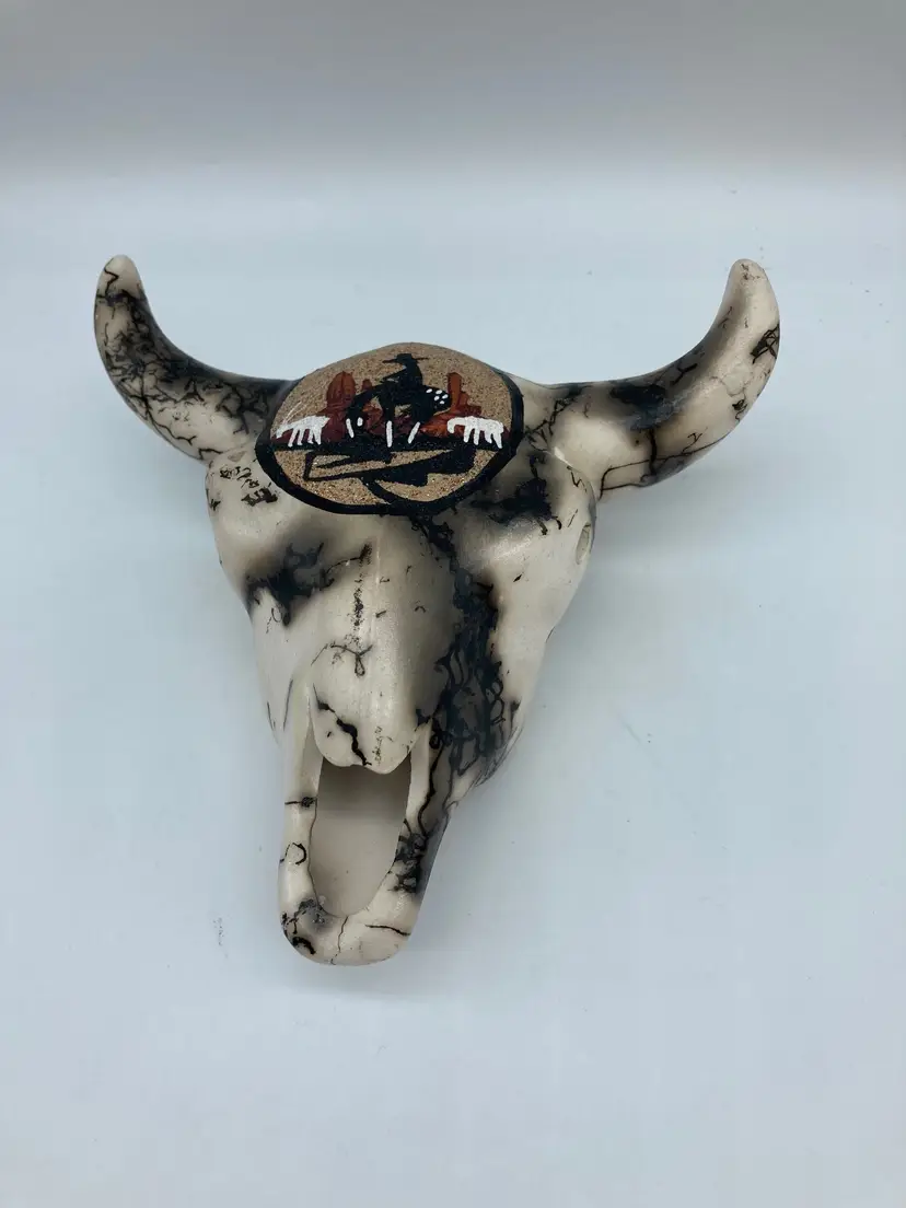 Navajo Horse Hair Pottery, Ceramic Cow Skull Etched & Signed Elsie Navajo, 10” X 9”