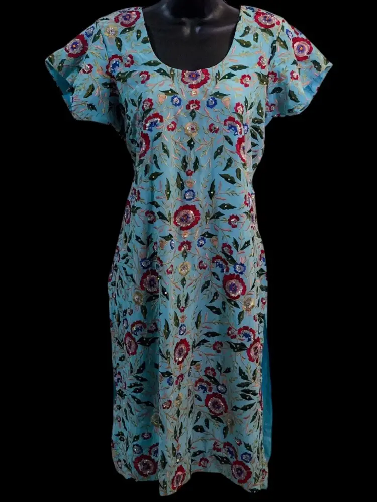 Vintage Handmade Teal Blue Red Floral Embroidered Beaded Leaf Flower Short Sleeve Mini Dress