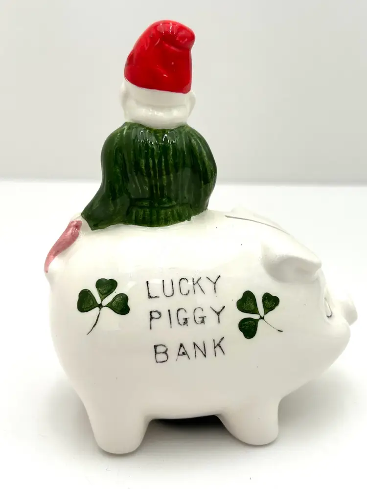 Vintage Ceramic Lucky Bank With Pixie Piggy Bank