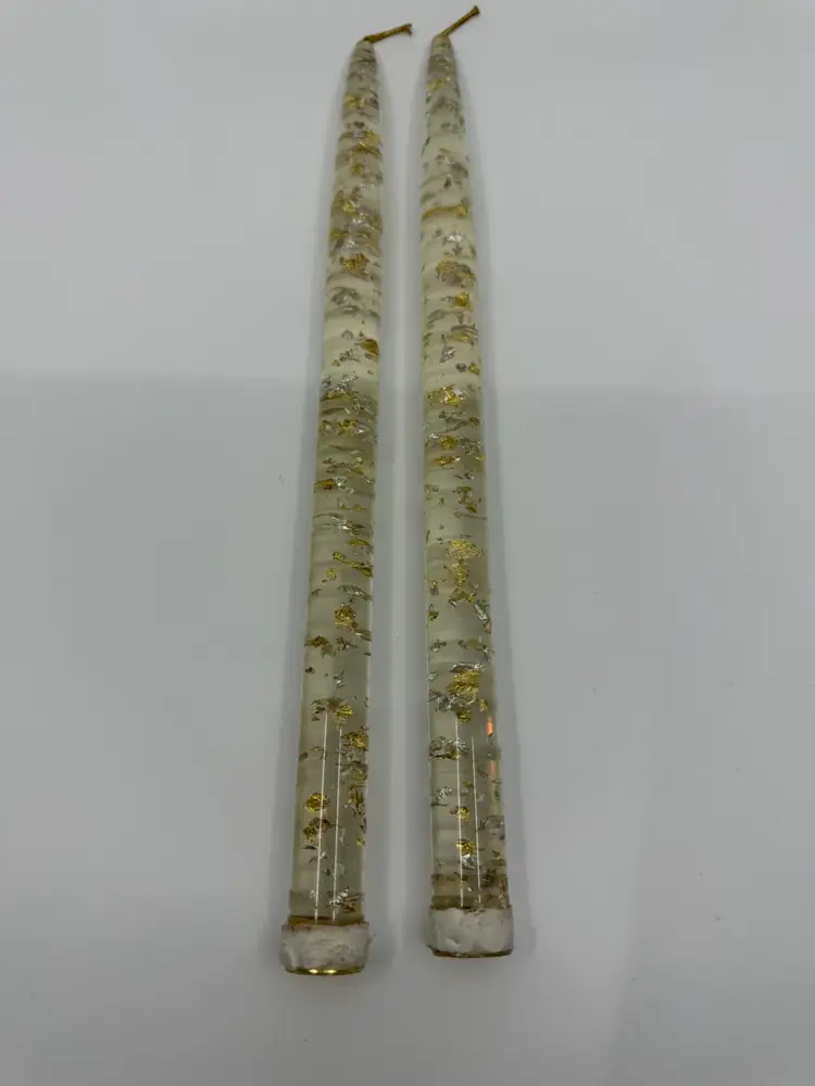 2 Vintage MCM Lucite Clear Tapered Candles With Silver And Gold Flecks 12” Tall