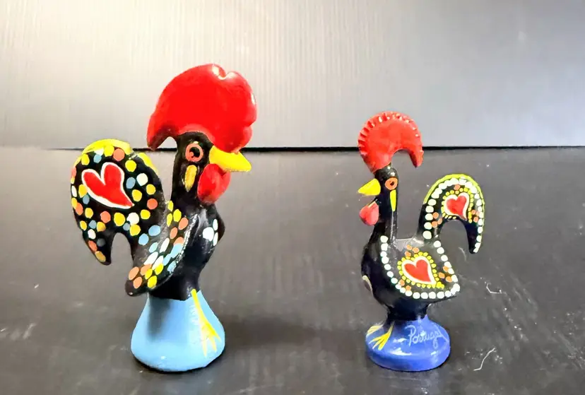 Vintage Set of 2 Hand-painted Portuguese Good Luck Roosters Galo de Barcelos