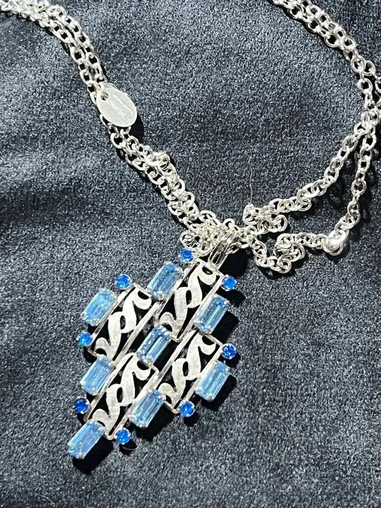 28” Sterling Chain With Deco Knock-out Blue Stones, Both Marked Sterling