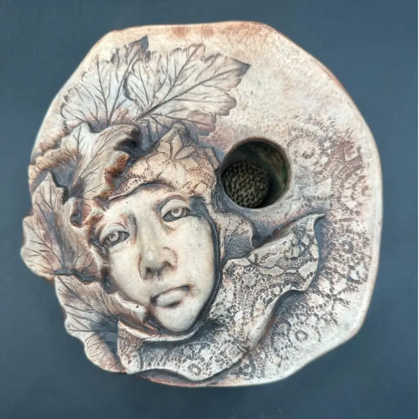 Art Nouveau Forest Face In The Leaves Handcrafted Ikebana Flower Frog 7”W 7”D 2”T Signed Rymer