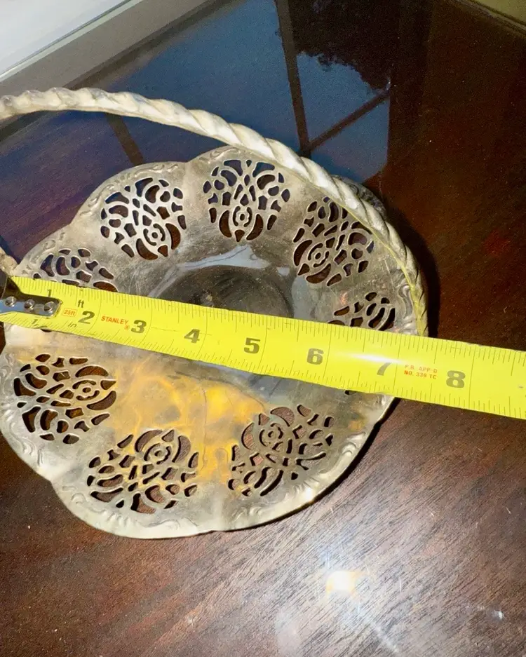 Vintage ornate Silver colored metal Basket with Handle/trinket dish, victorian