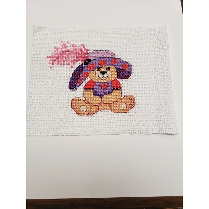 New Bear In Hat Cross-stitched Piece