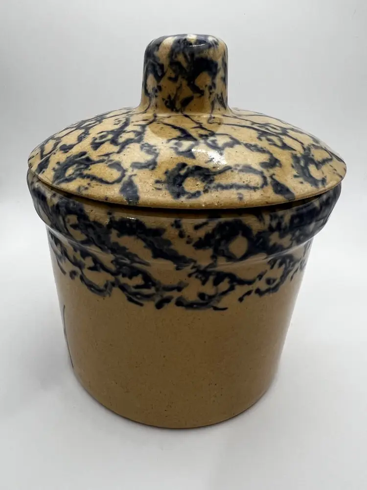 RRP Co Roseville Pottery Ohio Crock Canister Jar Blue Wheat Spongeware With Lid
