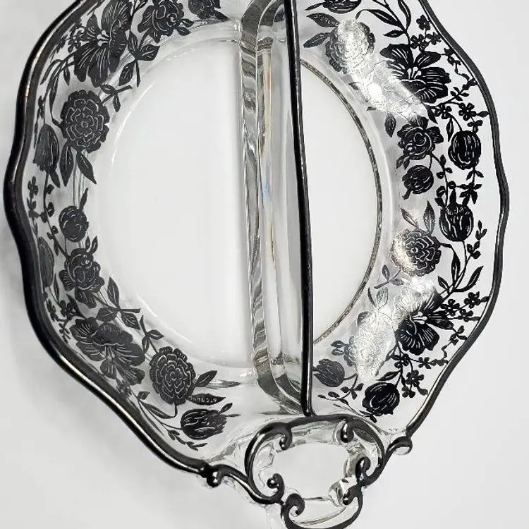 Vintage Sterling Glass Dish Divided Handles SILVER INLAY Floral 8"