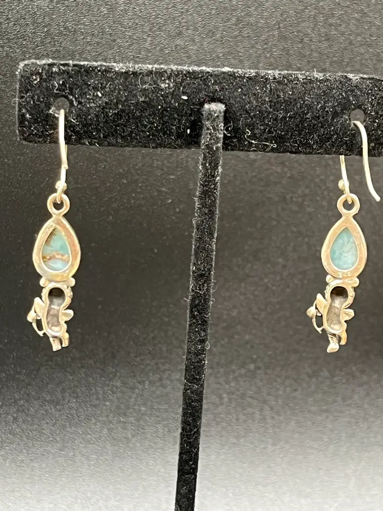 Pair Of Marked 925 Silver & Larimar Cherub/Cupid Silver Tone Metal Dangle Drop Earrings 1.75”