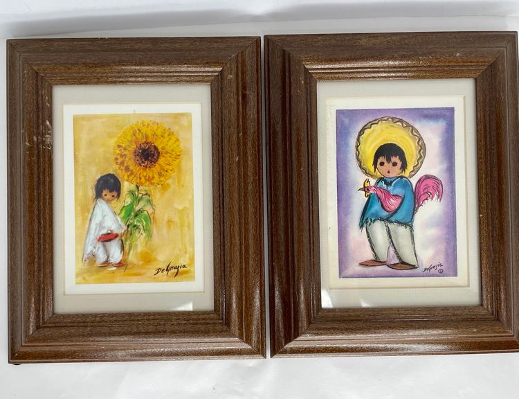 2 Ted DeGrazia Prints Children Sunflower Boy With Rooster Chicken Framed Matted