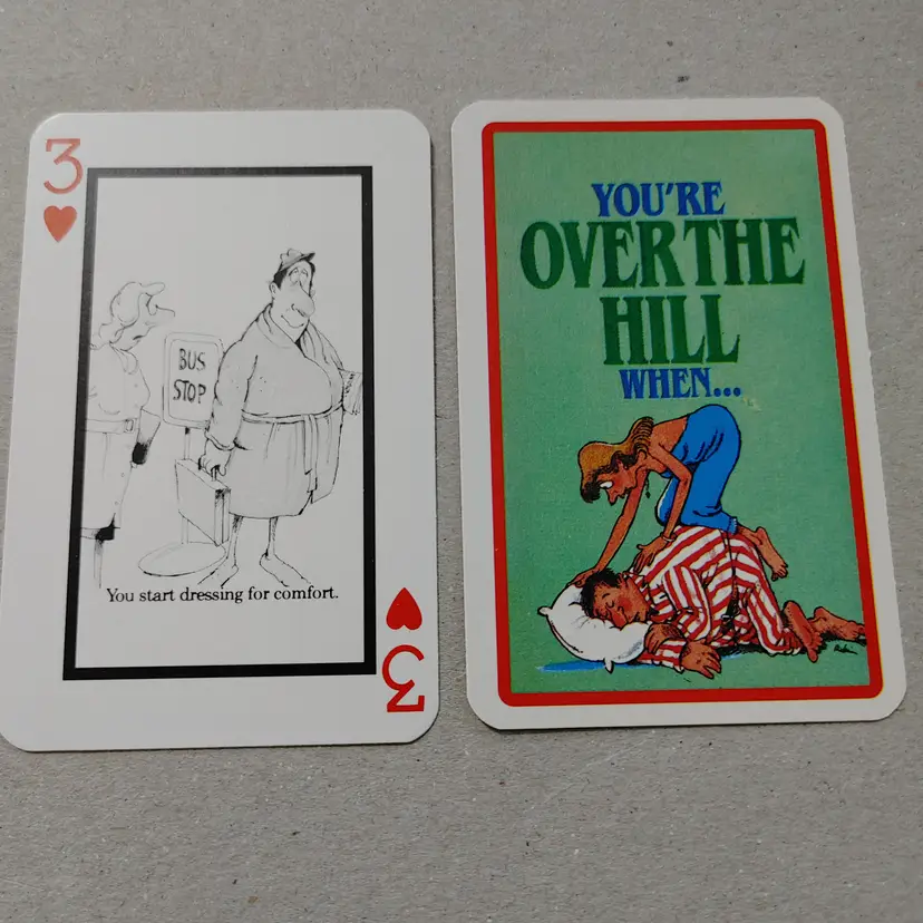 1 Single Swap Card - Playing Card. Over the Hill- dressing for comfort. Dimension 2.5 x 3.5. Read description.