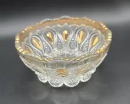 Antique Pressed Glass Bowl with Gold Accents – Teardrop & Beaded Motif – Scalloped Rim