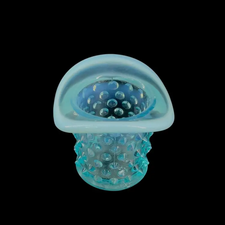 Vintage Top Hat Toothpick Holder Fenton Art Glass Blue Opalescent HobnailMCM
