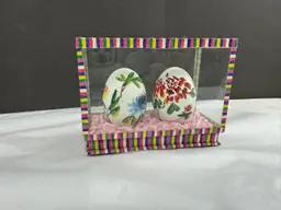Vintage Chinese Hand Painted Bird Floral Eggs In Glass Case
