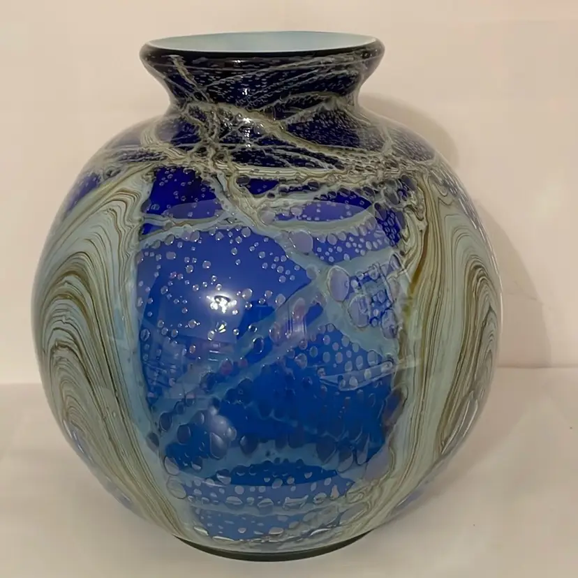 #551 Cobalt Blue, White And Gold Swirls And Bubbles “Underwater” Vase