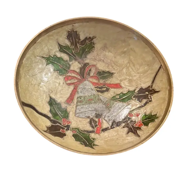 Brass Christmas Bells with Holly Bowl On Pedestal UV Glow 6"