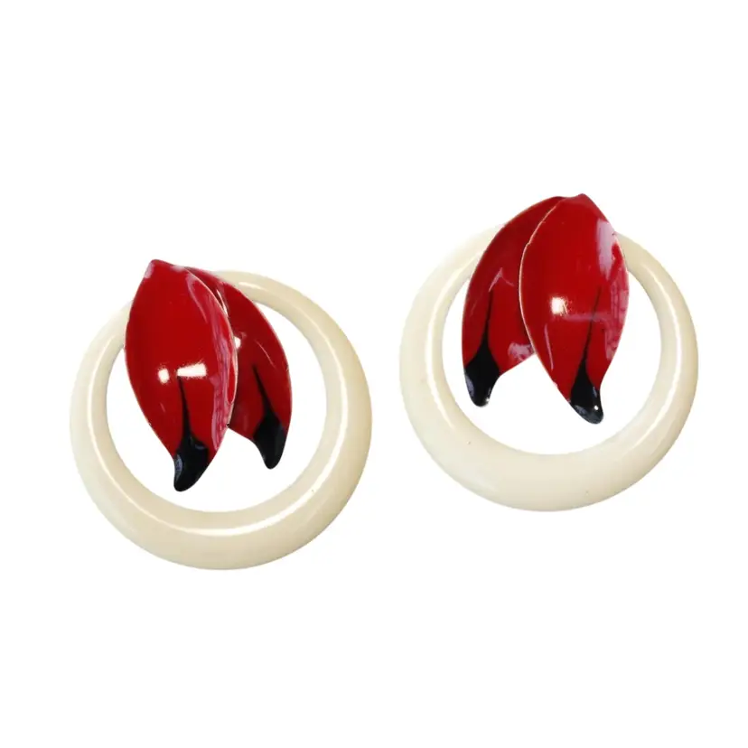 Red Petals White Hoop Enamel Post Earrings 1.5"