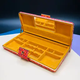 Vintage 70s Red Floral Chintz Jewelry Organizer Travel Case: Mirror and Orange Velveteen Lining