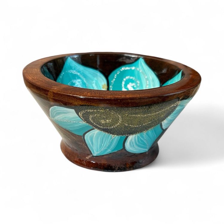 Vintage Hand Painted Wooden Bowl – Teal & Gold  Decorative Bowl