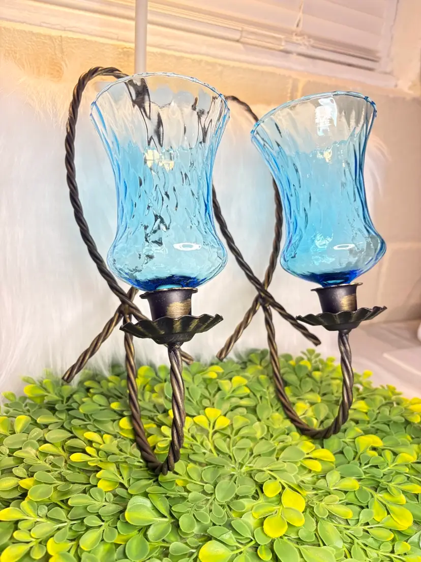Vintage Brass & Blue Glass Votive Candle Holders Wall Sconce Set