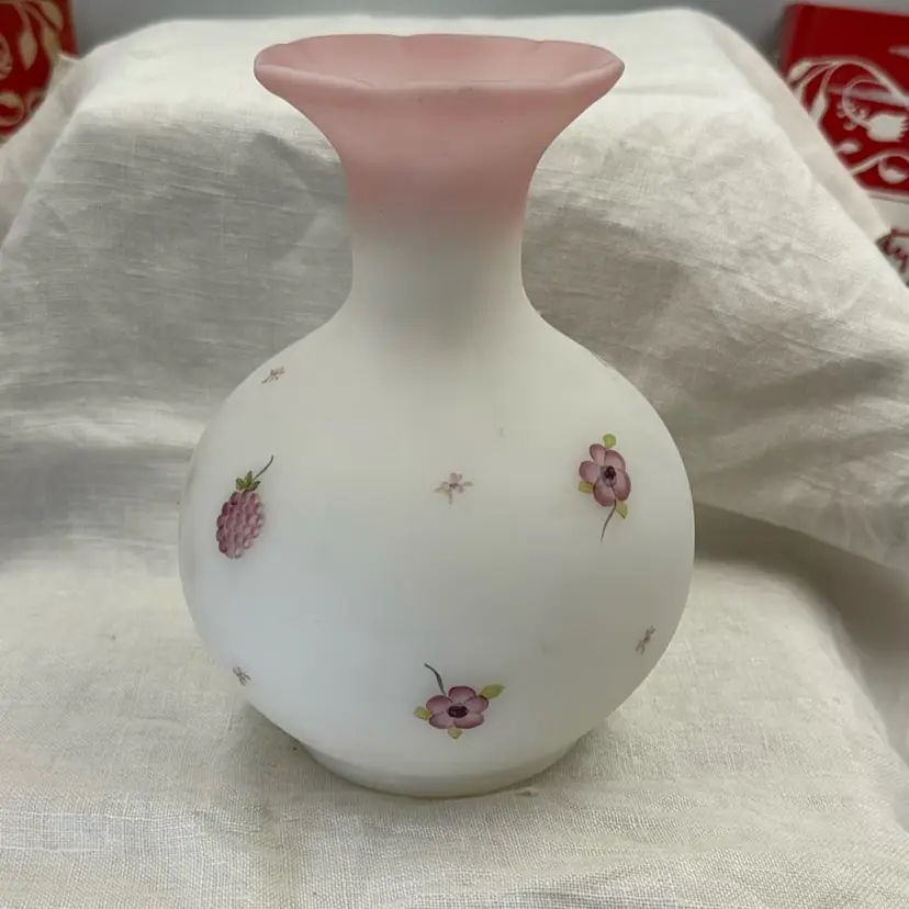 FENTON RASPBERRIES & FLOWERS PINK & WHITE SATIN GLASS VASE - Signed