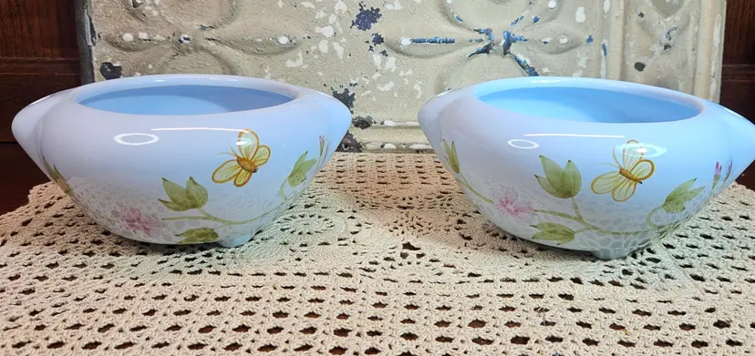 Pair of Glazed Stoneware Hanging Planters Baby Blue w/ Flowers Butterflies