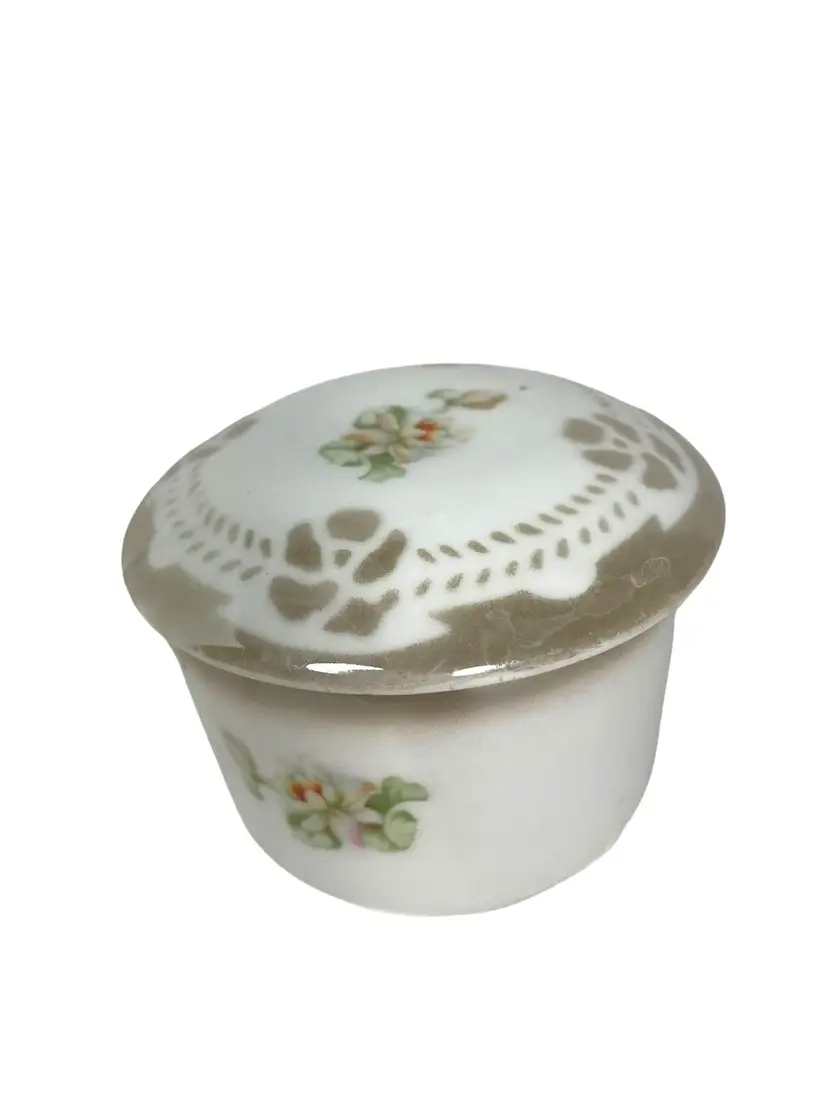 Round Trinket Vanity Lidded Jar Transferware Flowers #282 Germany