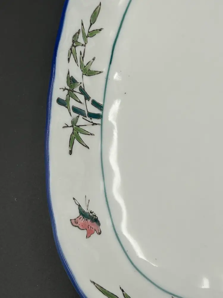 Chinese Oval Dish Bowl Blue Moon Butterfly & Bamboo Design