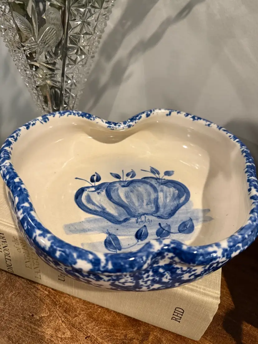 Casey Pottery Apple Shaped Blue Barn Stoneware Dish Bowl Hand Turned