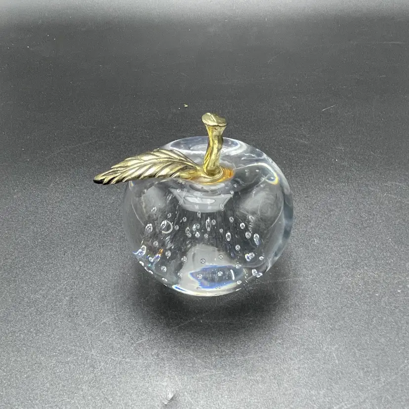 Clear Crystal Apple Brass Stem Bullicante Controlled Bubbles MCM Paperweight