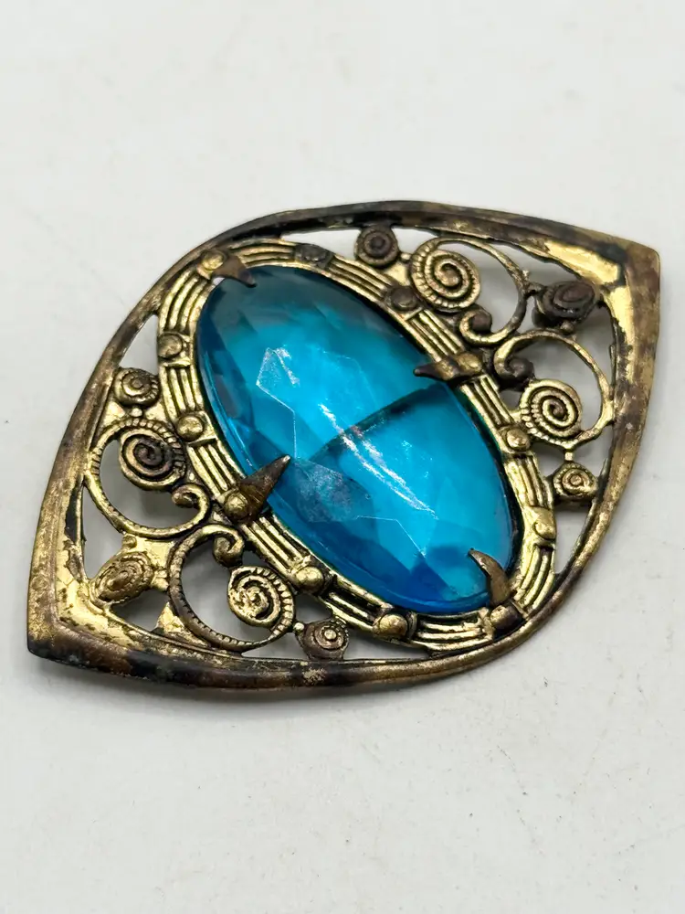 Estate vintage blue glass filigree brooch pin