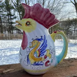 Italian Deruta (style ?) Chicken Pitcher. Stamped / Signed. 8.5”h.