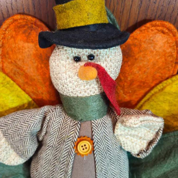 Thanksgiving Turkey Shelf Sitter Dangling Legs Colorful Felt & Suede Autumn 14"