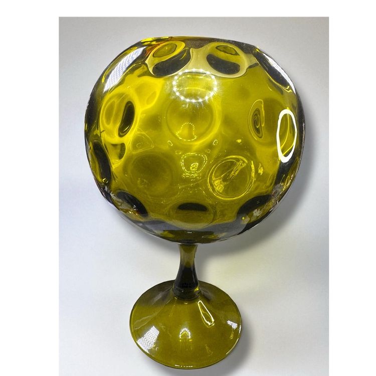 Vintage Italian Empoli Avocado Green Glass  Polka Dot Optic Compote Bowl 1960s - 11”