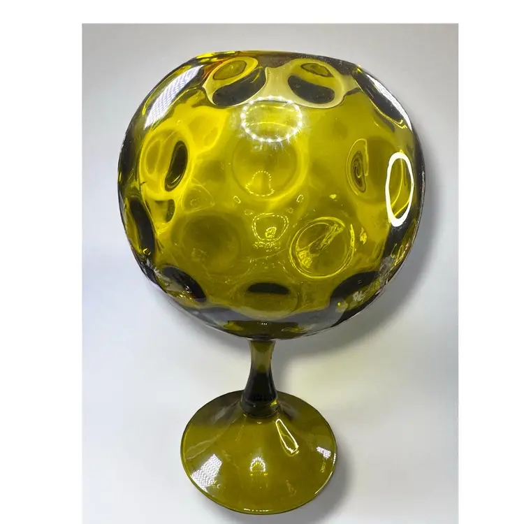 Vintage Italian Empoli Avocado Green Glass  Polka Dot Optic Compote Bowl 1960s - 11”