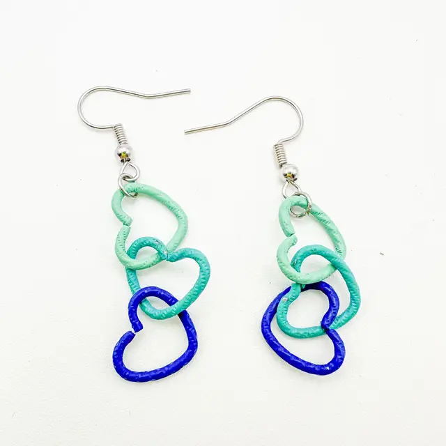 Heart Metal Link Dangle Earrings Shades of Blue Handmade
