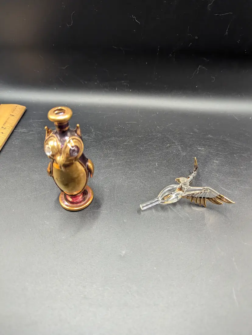 Vintage Lot of 2 Glass Critters - One Owl Glass Egypt Perfume Bottle and One Bald Eagle Topper