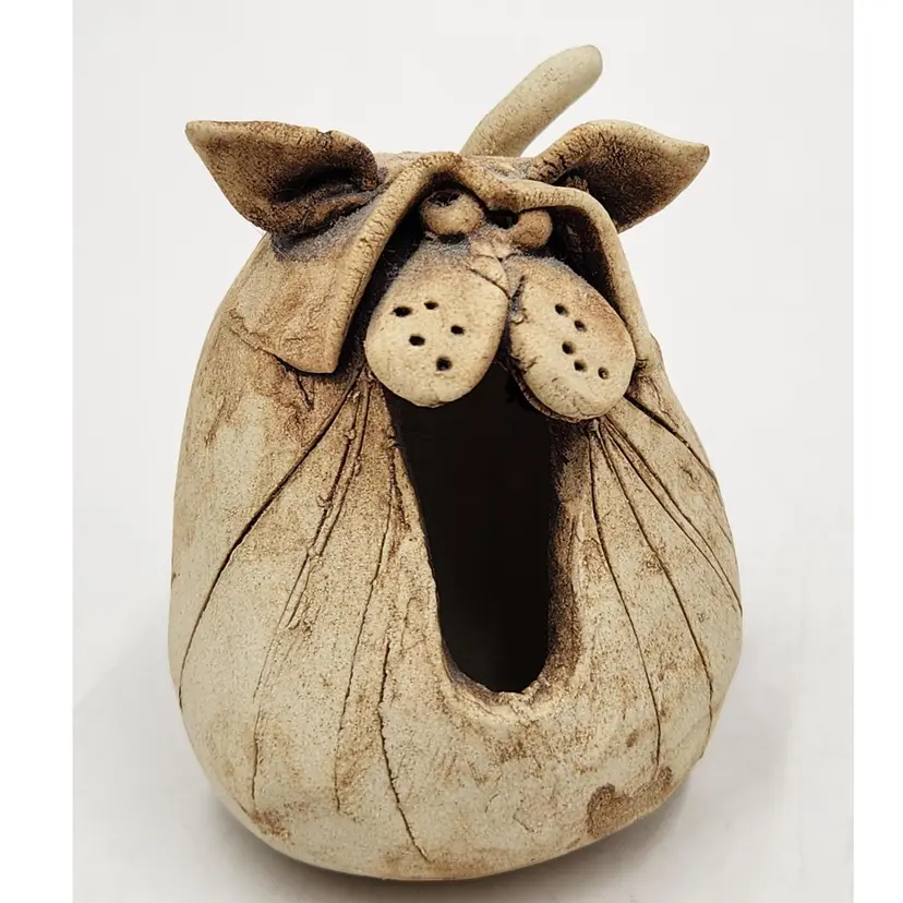 Art Pottery Whimsical Goofy Cat Figurine Signed