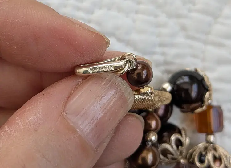 Midcentury Triple Strand Necklace in Shades of Brown with Faux Pearl and Glass Beads, Japan