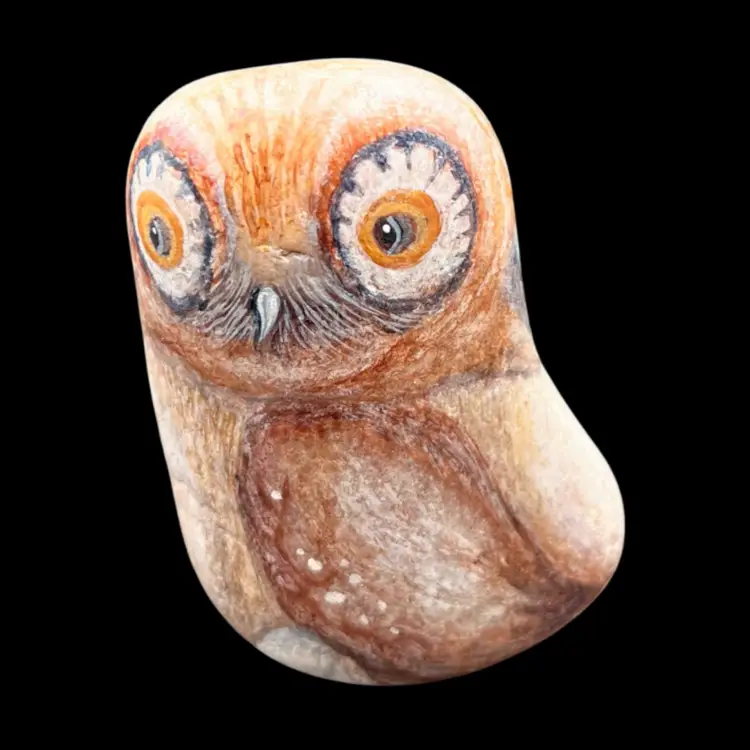 #178A Original Art - Hand Painted Rock Owl. 
The Owl Is Facing/Looking At You From All 4 Sides!  Signed And Dated