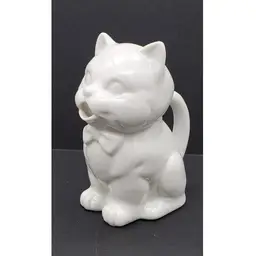 Vintage Ceramic Glazed Creamer Pitcher White Cat With Bowtie