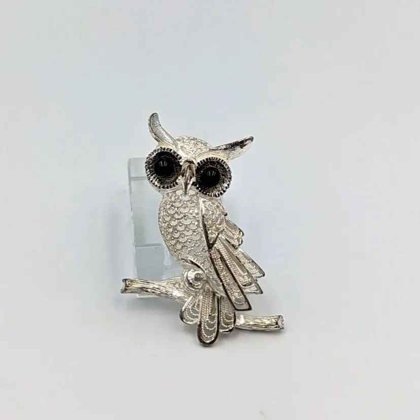 Owl Sterling Silver Brooch Black Gemstones Filigree Made In Germany 925 Pin
