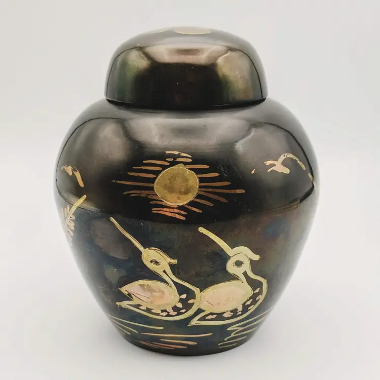Brass Ginger Jar w/ Copper Filled Incised Swans, Water Reeds, Moon Made in India